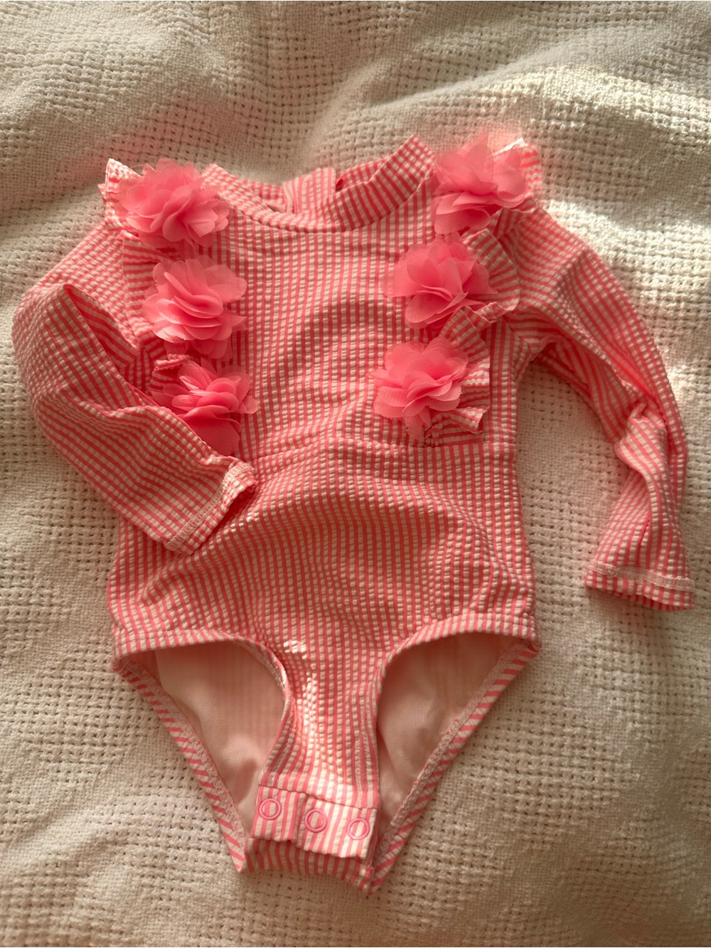 Nicole Miller Pink Striped Floral Appliqué Long-Sleeve One-Piece